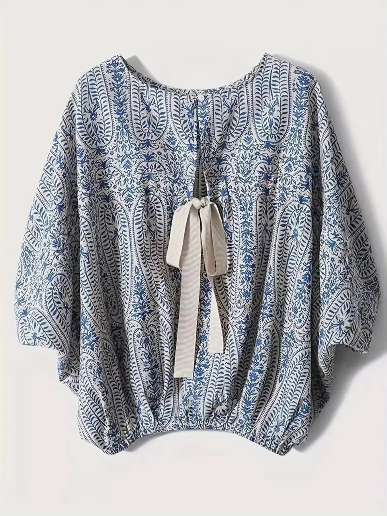 Bohemian Print Round Neck Loose Batwing Sleeve Blouse - DAVERRI FASHIONS