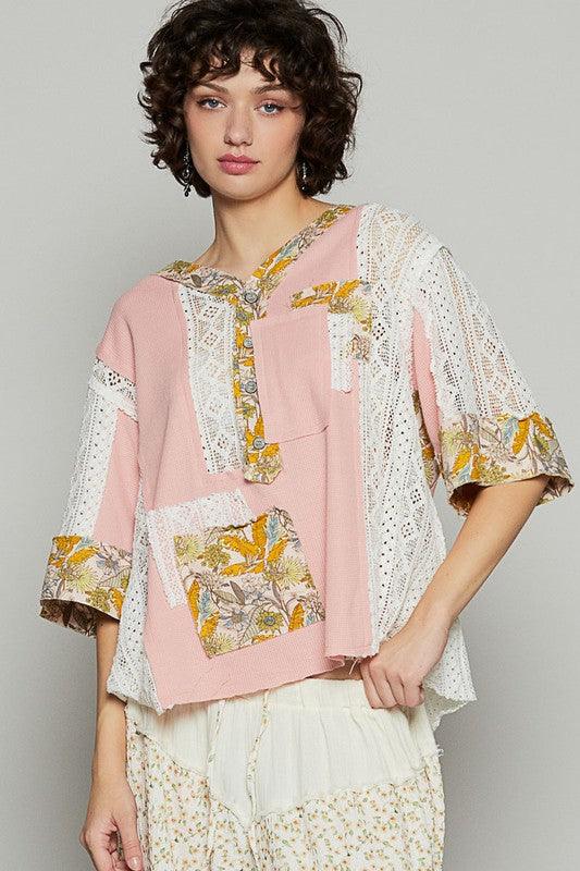 POL Vintage Washed Lace Patchwork Printed Half Button Top Watermelon pink