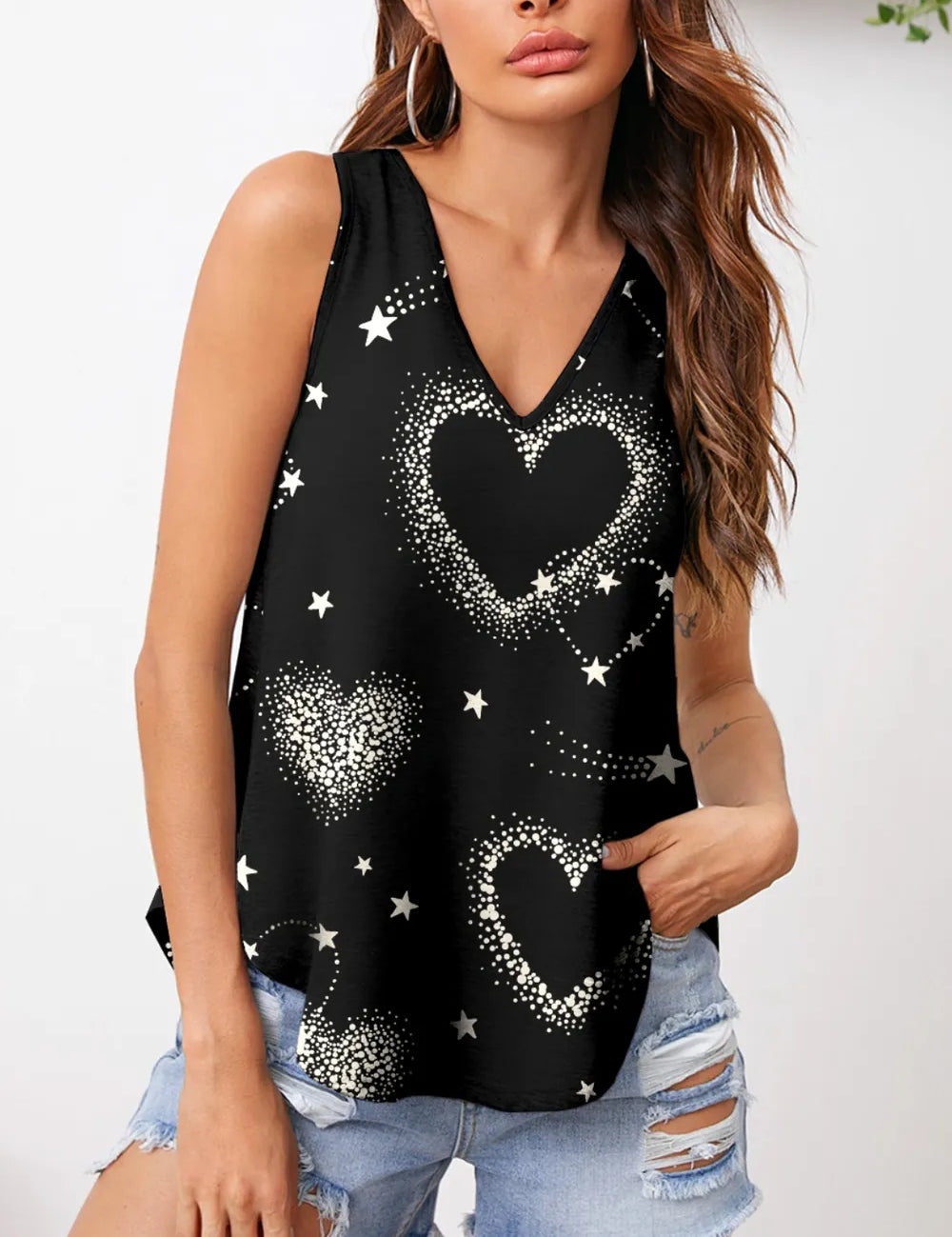 Black FAM-FAM Heart Printed V-Neck Tank | Tank Tops Daverri Fashions