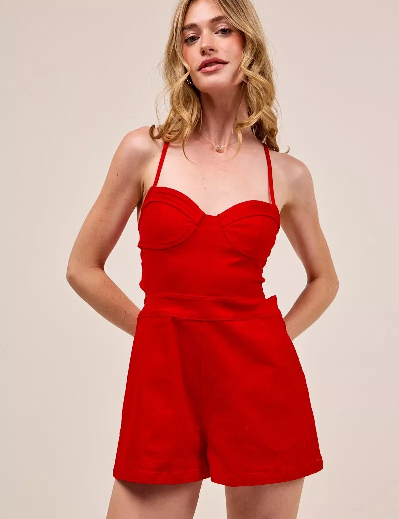 RED SO ME Fitted Open Back Game Day Romper with Lace Up Deta | Rompers Daverri Fashions