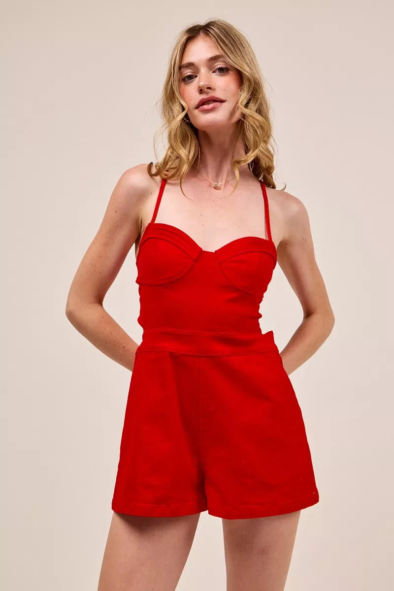 RED SO ME Fitted Open Back Game Day Romper with Lace Up Deta | Rompers Daverri Fashions