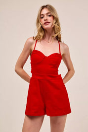 RED SO ME Fitted Open Back Game Day Romper with Lace Up Deta | Rompers Daverri Fashions