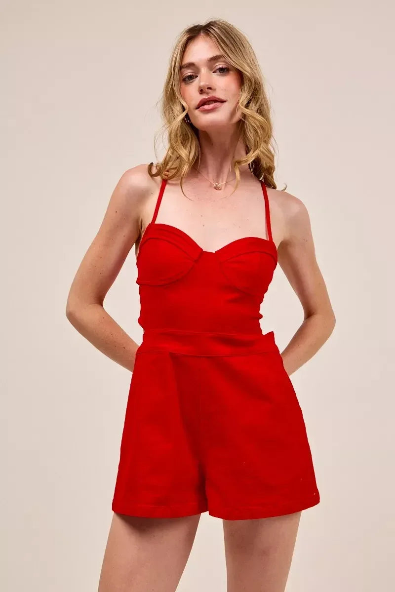 SO ME Fitted Open Back Game Day Romper with Lace Up Deta - DAVERRI FASHIONS