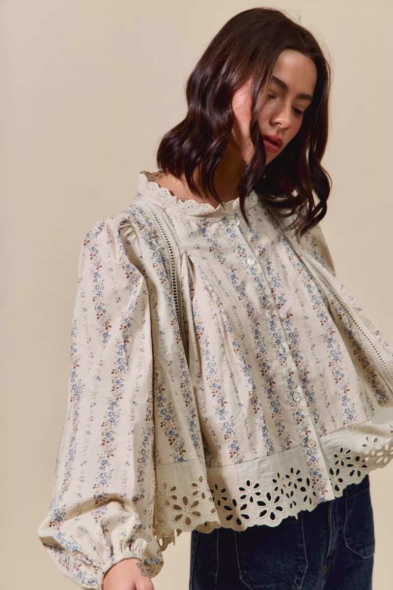 SO ME Floral Print Lace Button Down Shirt | Daverri Fashions