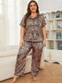 Plus Size Leopard Short Sleeve Top and Pants Lounge Set - DAVERRI FASHIONS