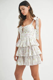 MABLE Floral Print Shoulder Tie Layered Mini Dress | Daverri Fashions