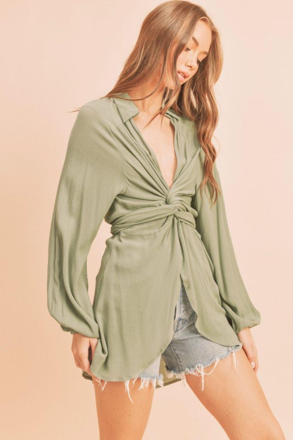 Aemi + Co Tied Collared Neck Long Sleeve Top | Tops Daverri Fashions