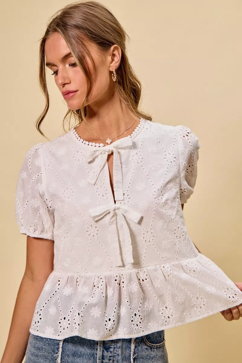 White SO ME cotton eyelet blouse with lace details and front bow