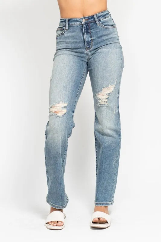 Judy Blue Full Size High Waist Distressed Dad Jean MD Jeans