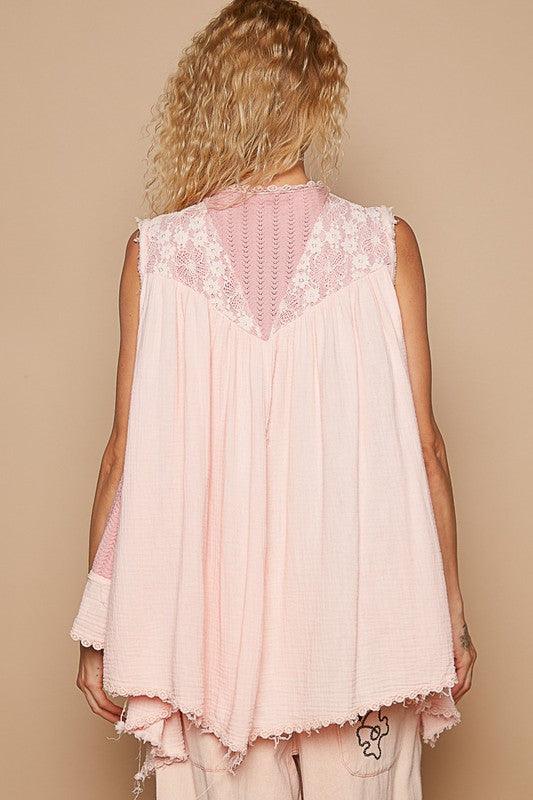 POL Embroidered Pearls Open Front Sleeveless Cardigan Cardigans