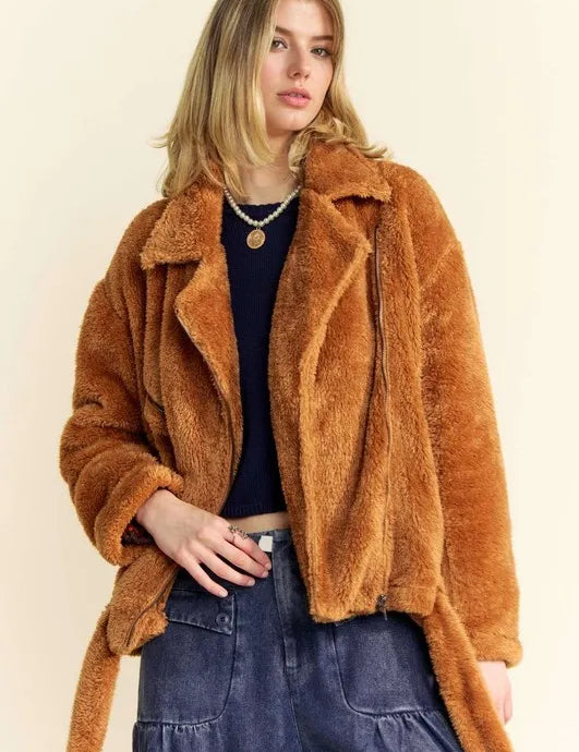 Brown Davi & Dani Fuzzy Zip Up Collared Neck Jacket | Daverri Fashions