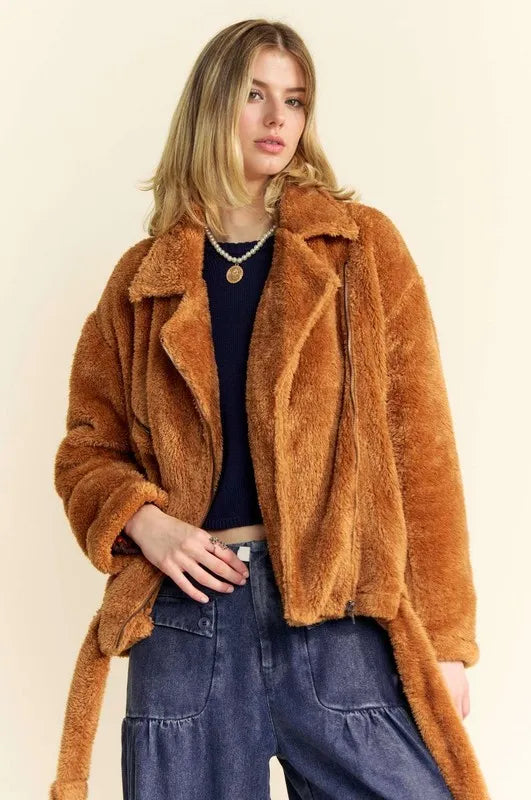 Davi & Dani Fuzzy Zip Up Collared Neck Jacket Brown