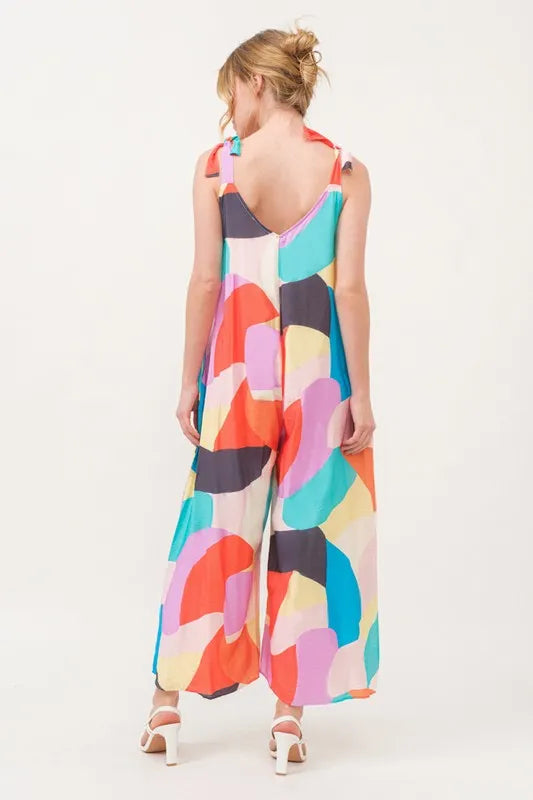 And The Why Tied Shoulder Straps Wide-Leg Geo Print Jumpsuit Jumpsuits