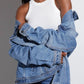 Daverri button-up collared blue denim jacket with off-shoulder sleeves