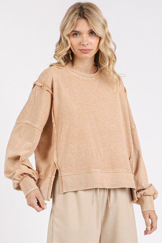 Mittoshop Side Slit Exposed Seam Round Neck Sweatshirt Tan