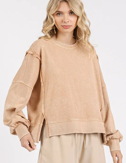 Tan Mittoshop Side Slit Exposed Seam Round Neck Sweatshirt | Daverri Fashions