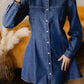 Navy blue denim shirt collar long sleeve flared mini dress