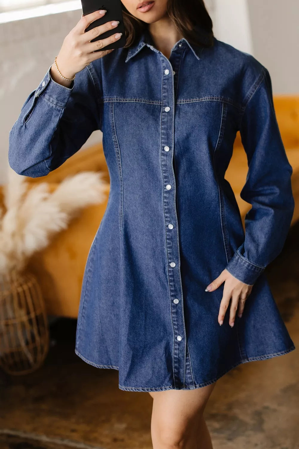Navy blue denim shirt collar long sleeve flared mini dress