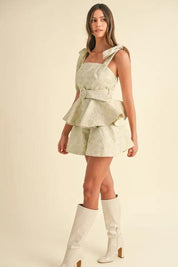 MABLE Jacquard Floral Peplum Top and Flare Shorts Set | Outfit Sets Daverri Fashions