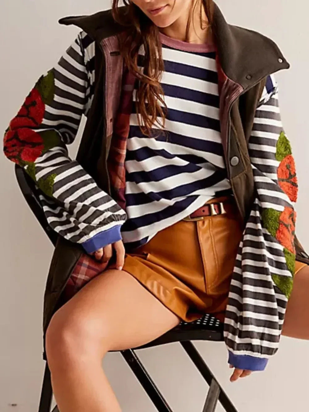 Striped Round Neck Long Sleeve Sweatshirt - DAVERRI FASHIONS