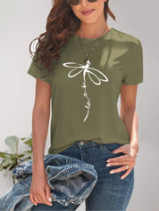 Olive green dragonfly print round neck short sleeve t-shirt