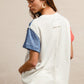 White oversized BiBi t-shirt with denim coral patchwork sleeves