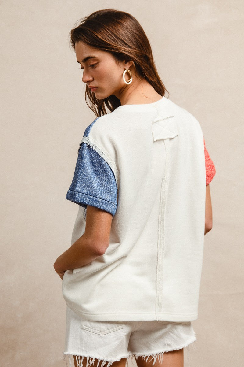 White oversized BiBi t-shirt with denim coral patchwork sleeves