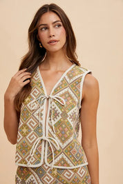 Annie Wear Ethnic Woven Jacquard Tie Front Vest | Vests Daverri Fashions