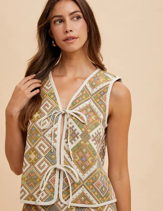 Annie Wear Ethnic Woven Jacquard Tie Front Vest | Vests Daverri Fashions