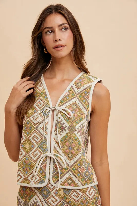 Annie Wear Ethnic Woven Jacquard Tie Front Vest Vests