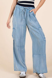 Mittoshop Washed Elastic Waist Cargo Wide Leg Pants Lt Denim