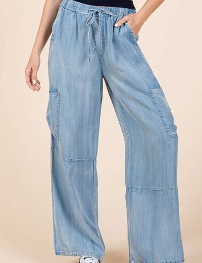 Mittoshop Washed Elastic Waist Cargo Wide Leg Pants Lt Denim