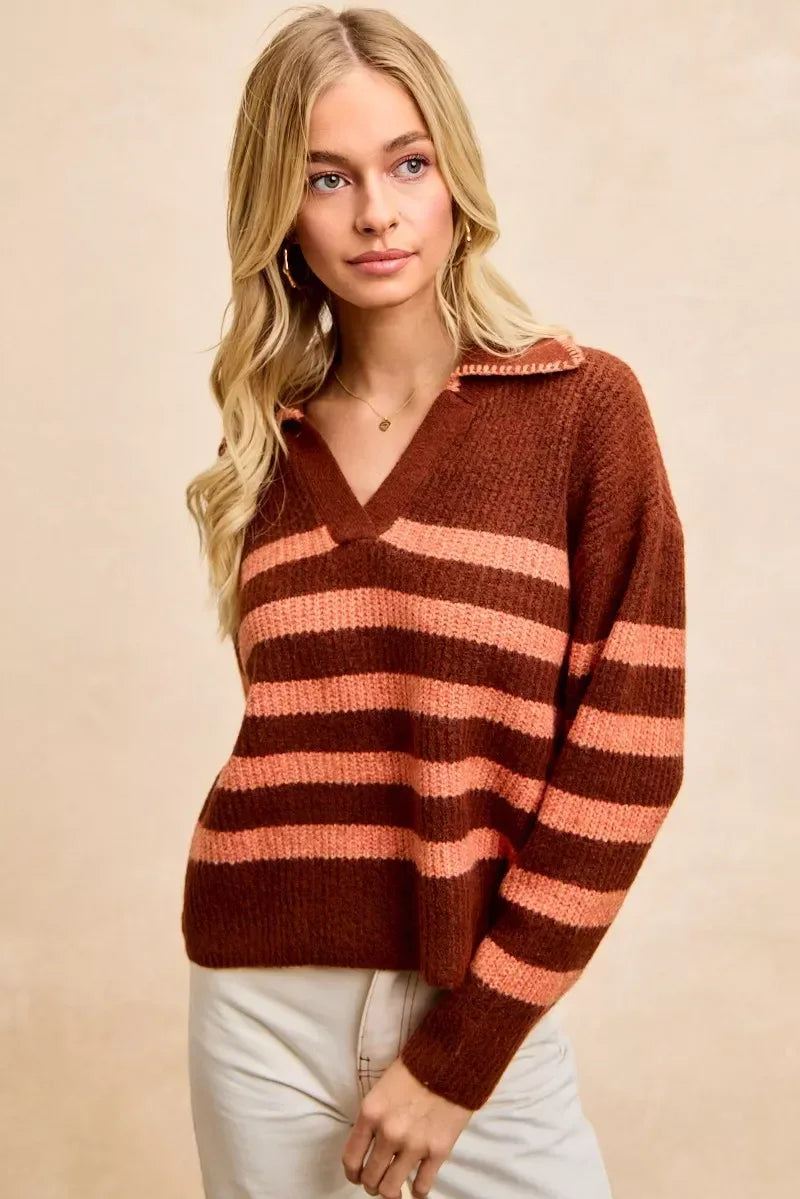 BiBi Striped Sweater Top with Collar Stitched Details - DAVERRI FASHIONS