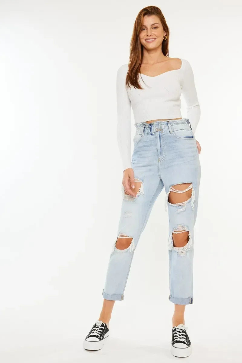 Kancan Open Pack Paperbag Mom Jeans - DAVERRI FASHIONS