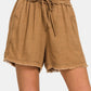 Zenana Washed Linen Frayed Hem Drawstring Shorts Deep Camel Shorts
