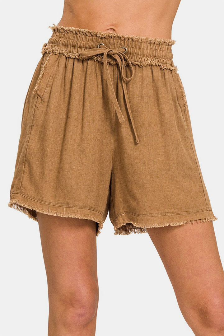 Zenana Washed Linen Frayed Hem Drawstring Shorts Deep Camel Shorts