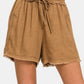 Zenana Washed Linen Frayed Hem Drawstring Shorts Shorts