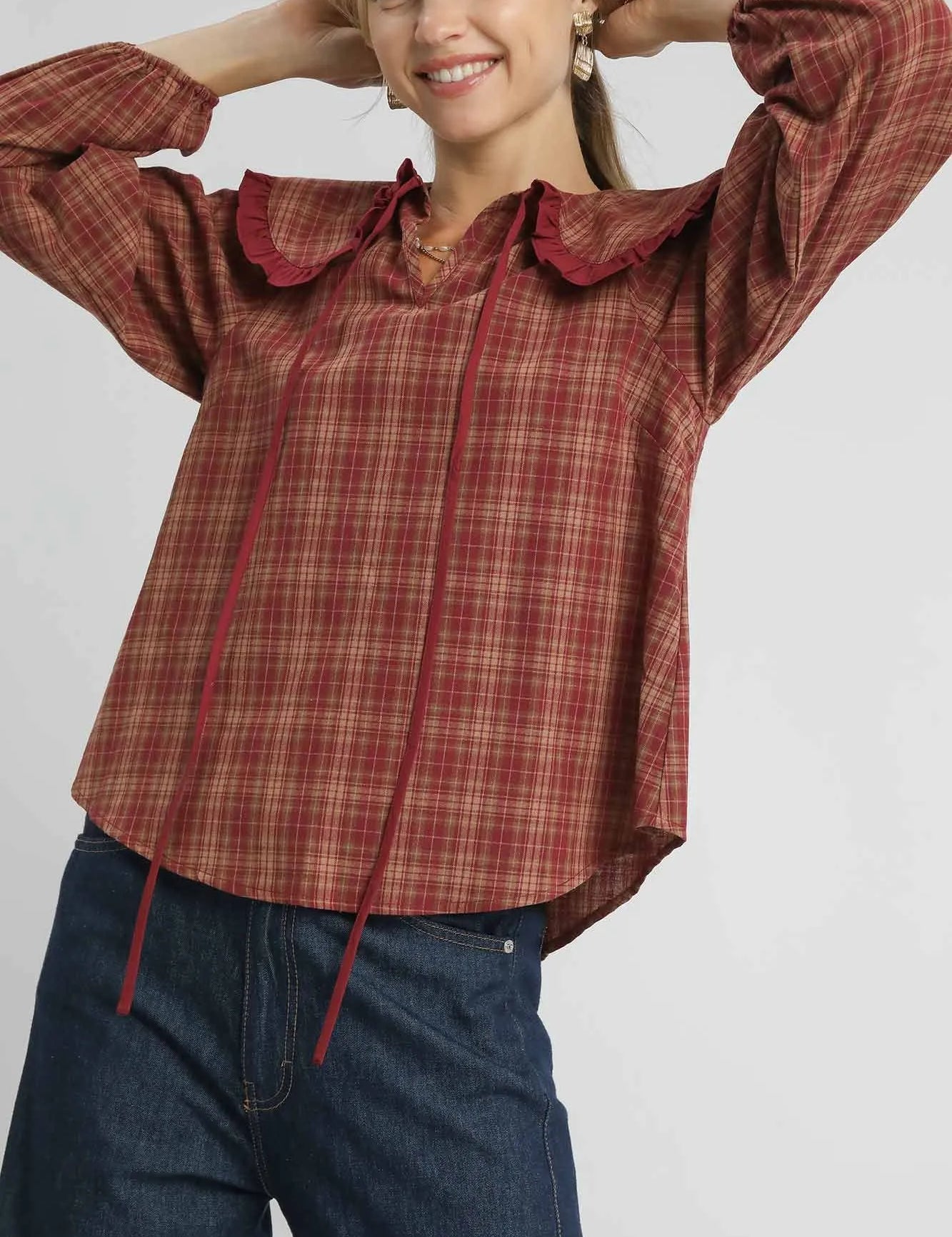 Rust Umgee Full Size Plaid Ruffle Collar Blouse Plus Size | Blouses Daverri Fashions