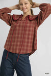 Umgee Full Size Plaid Ruffle Collar Blouse Plus Size - DAVERRI FASHIONS