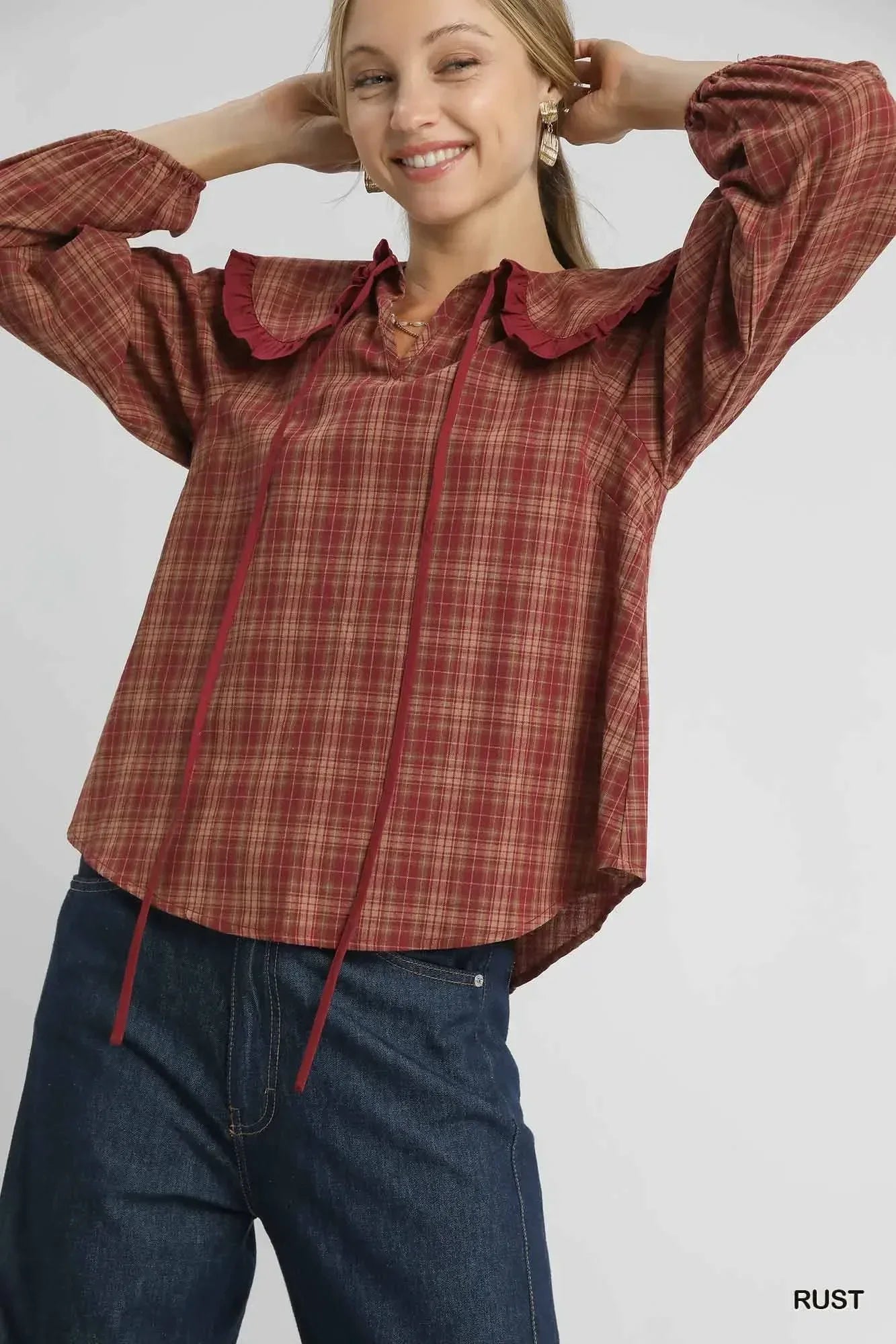 Umgee Full Size Plaid Ruffle Collar Blouse Plus Size - DAVERRI FASHIONS