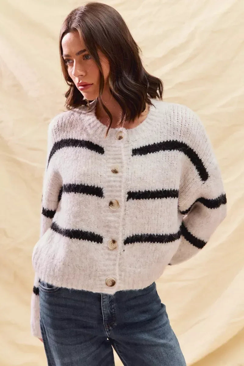 SO ME Stripe Soft Touch Button Cozy Sweater Cardigan - DAVERRI FASHIONS