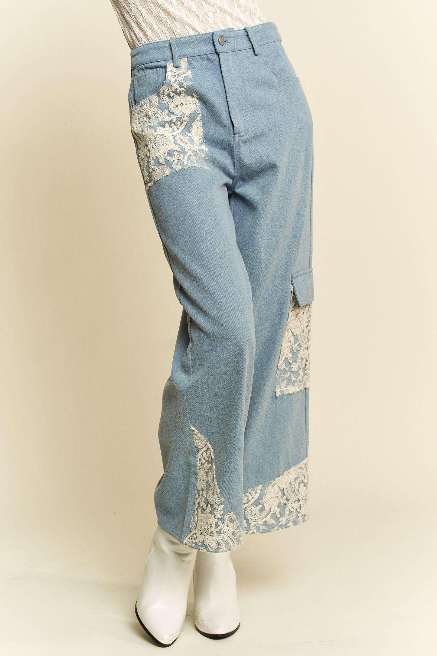 Davi & Dani Lace Applique Wide Leg Jeans - DAVERRI FASHIONS