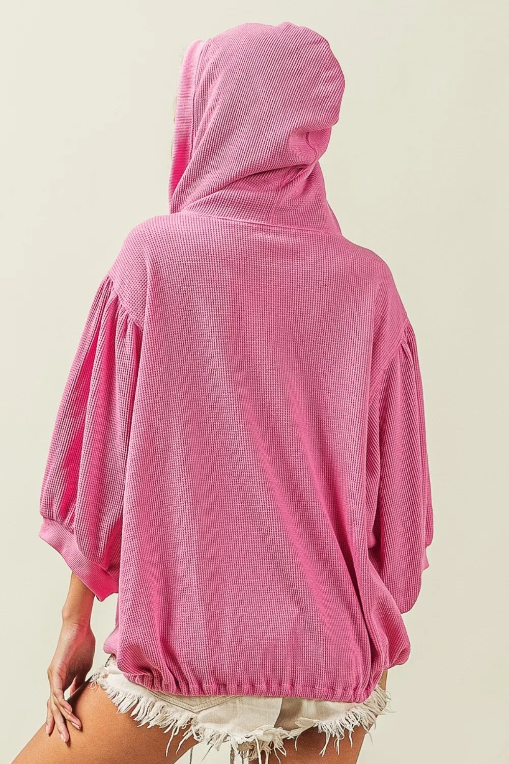 Pink BiBi waffle-knit half zip hooded top with puffy sleeves