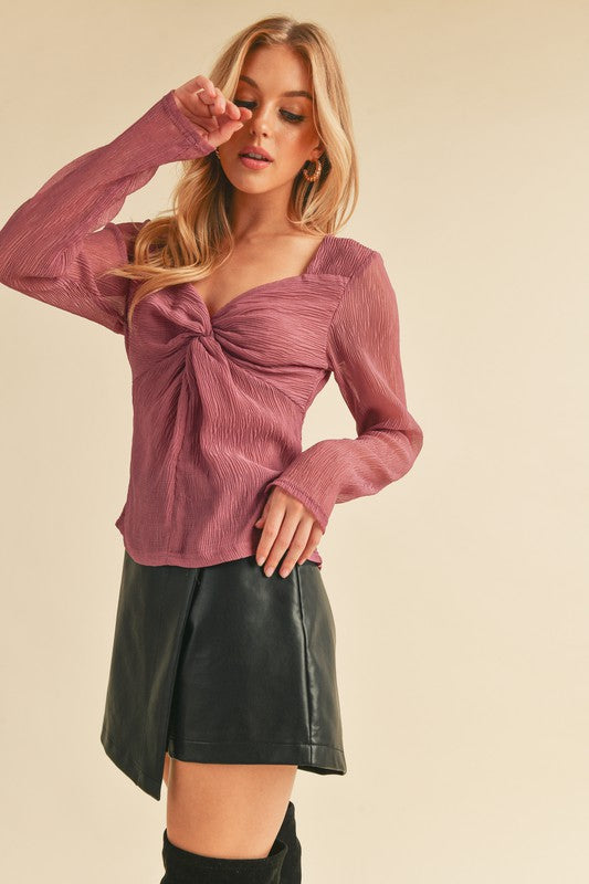 Aemi + Co Twisted Sweetheart Neck Long Sleeve Blouse Blouses