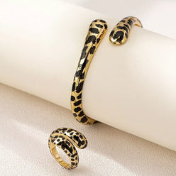 18K Gold-Plated Leopard Bypass Ring and Bracelet Jewelry Set - DAVERRI FASHIONS