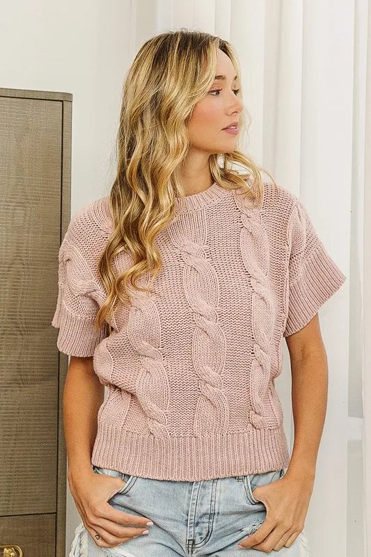 Pink BiBi cable knit sweater top with ruffled sleeves