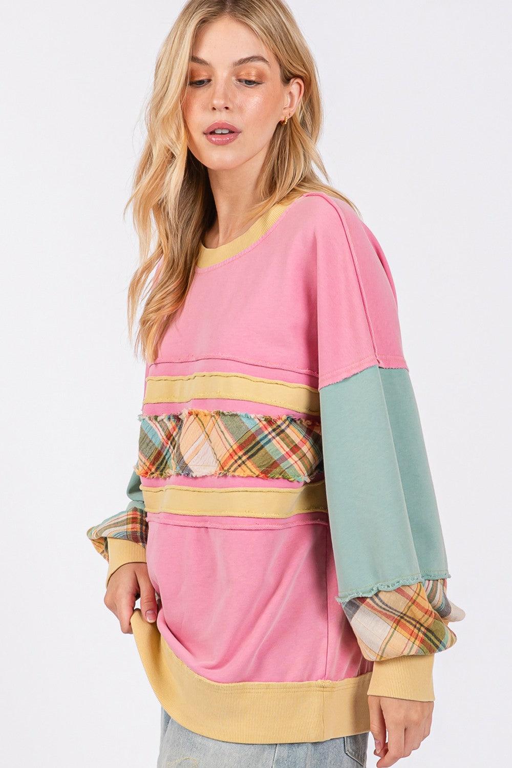 SAGE + FIG Mineral Wash Raw Edge Color Block Sweatshirt Sweatshirts