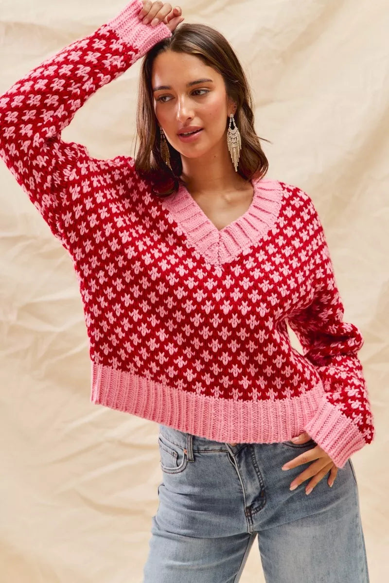 SO ME Color Block Textured Christmas Sweater V Neck Top | Sweaters Daverri Fashions