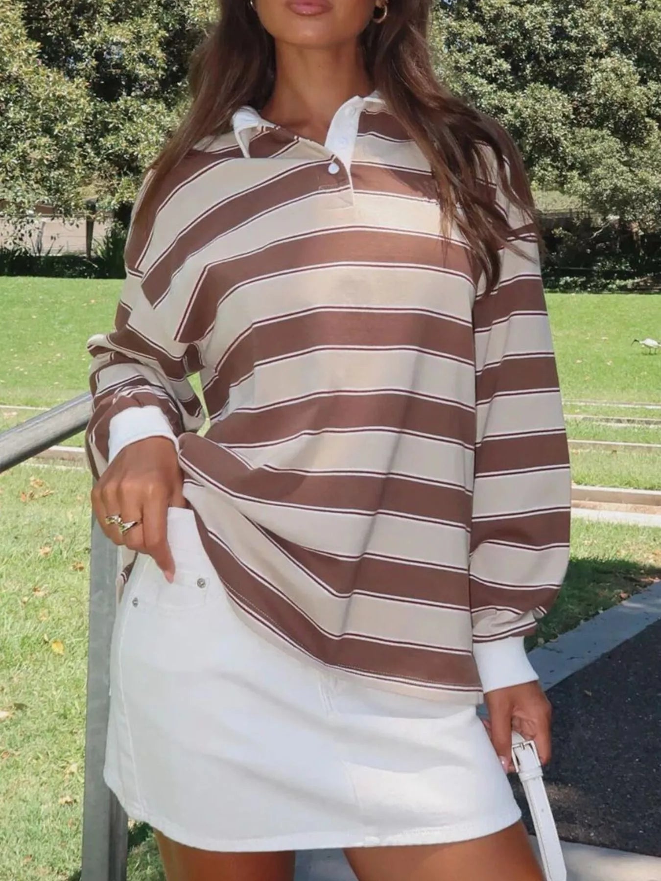 Striped Button Detail Long Sleeve Polo | Tops Daverri Fashions