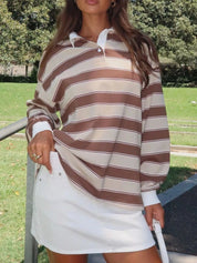 Striped Button Detail Long Sleeve Polo | Tops Daverri Fashions